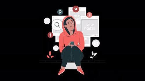 woman checking social networks focused on her cell phone, influencer animation 4k with alpha channel