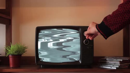 Man Switching On Old Television with Blue Screen, Chroma Key Ready - 4K