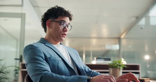 Business, stretch and man in office with computer, completed and satisfied in deal close
