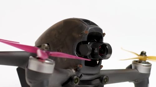 FPV drone propellers closeup, racing drone. Cinematic Shot of DJI FPV racing quadcopter.