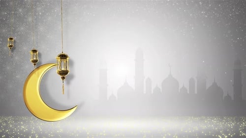 Animated Golden Crescent Moon and Lanterns for Ramadan