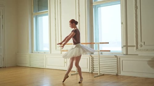 Elegant Young Woman Practicing Ballet at the Barre
