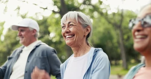 Active, fitness and smile with old woman outdoor in park for cardio class or group exercise