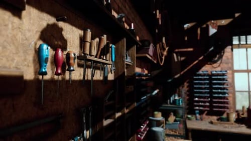 Vintage Wild West Carpenter Shop Interior with Antique Tools
