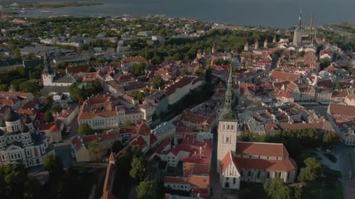 Aerial footage of old town Tallinn in Estonia