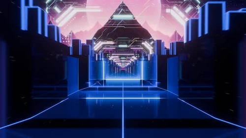 Abstrakter 3D-Tunnel mit leuchtenden geometrischen Formen/digitale Welt