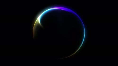Minimalistic colorful sphere with glowing multicolored wave curves on isolated black background. Col