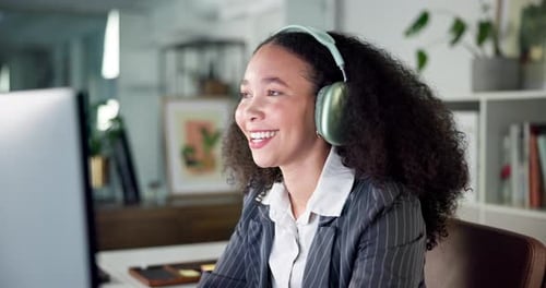 Happy woman, headphones or wave with video call in office for online meeting or webinar