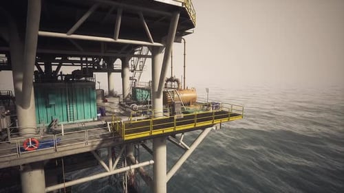 Oil Rig Platform in Ocean Waters at Sunset