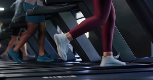 Legs, sneakers and woman on treadmill, gym and fitness with cardio training, endurance and energy