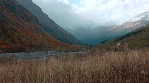 Big green mountains opposite the cold river and the gray sky above the forest