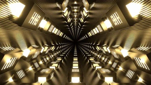 Hellgelb bewegt sich in einen futuristischen Tunnel mit abstrakten kubischen Lampen im Hintergrund VJ Loop in 4K