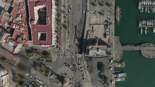 High Angle View of Wide Roads and Pedestrian Zone with Palm Trees Along Waterfront at Marina