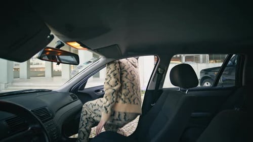 Trendy Man Get Car Passenger Seat in Residential Area Hipster Fastening Belt