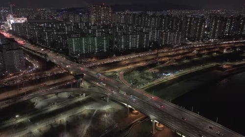 Seoul's Night Traffic Weaves Through City Lively Display of Lights Top View Seoul's Night Traffic