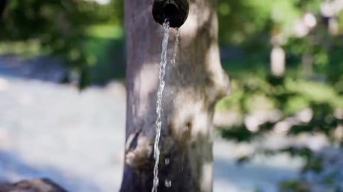Springbrunnenwasser fließt in Zeitlupe aus Holzscheit in alten Trog, Verfolgungsschuss