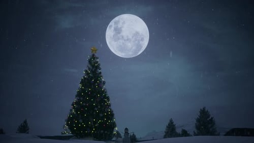 Festive Christmas Tree with Snowfall and Full Moon Night
