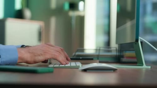 Macro View Director Hands Typing Keyboard Buttons. Closeup Man Fingers Working Computer. Dolly Sh...