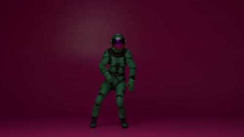 An Astronaut in a Space Suit is Dancing on a Bright Pink Background