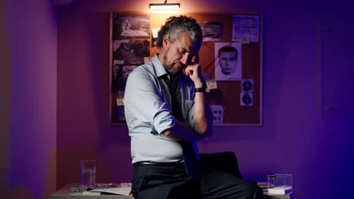 in the Detective's Office Middleaged Investigator in a Shirt and Tie Sits on a Table Looking Away