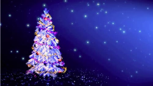 Enchanting decorated Christmas tree sparkles with magical lights and falling snow