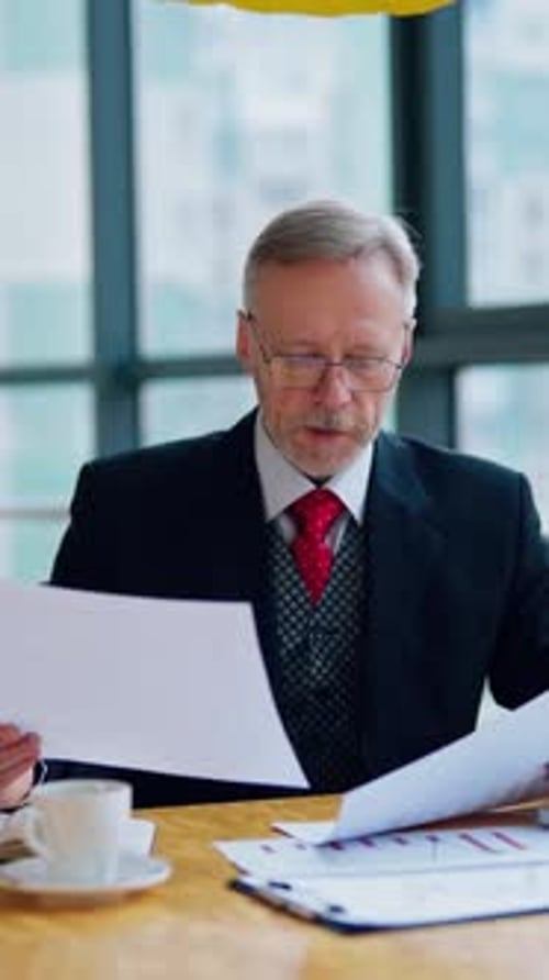Professional Analyzes Documents at Desk in Office Setting