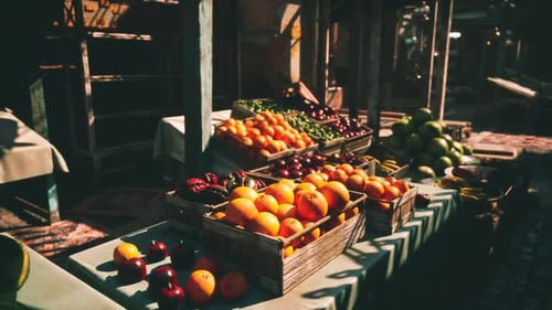 Vibrant Fruit Market in the Morning Sunlight Showcasing Fresh Produce