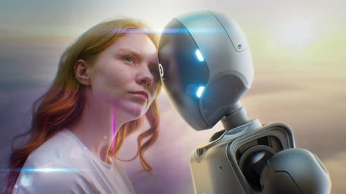 Visualisation du concept Homme-Machine d'une jeune femme touchant doucement le front avec un robot humanoïde