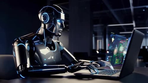 Humanoid Robot Working on Laptop in Futuristic Office