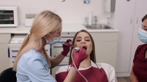 Dentist Examining Patient's Teeth in Clinical Setting