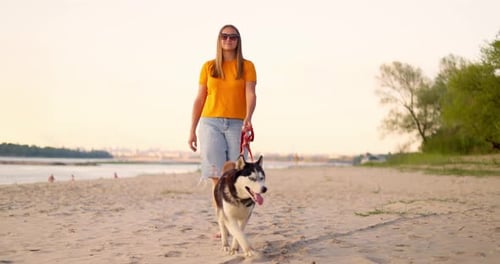 Young Woman Enjoying Evening Walk with Her Pet Dog on the Beach in Summer