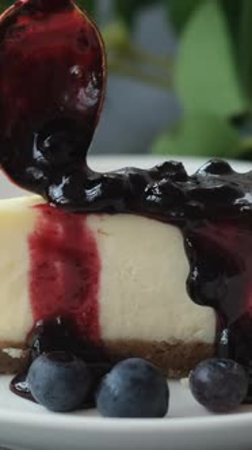 Cheesecake Slice with Blueberry Sauce Close Up