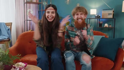 Excited Family Couple Surprised Shocked By Sudden Victory Good Win News Celebrating Wow Reaction