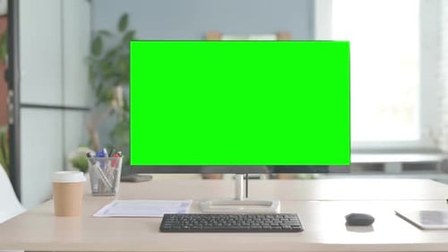 Computer with Green Screen in Office, Chroma Key