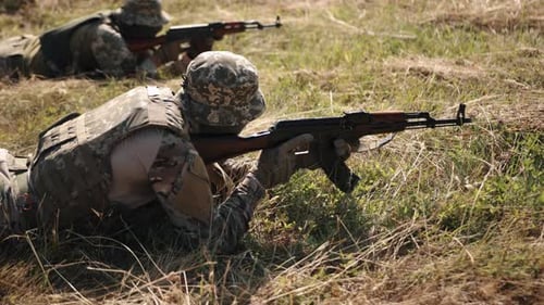 Soldiers Lying Prone in Tall Grass with Rifles