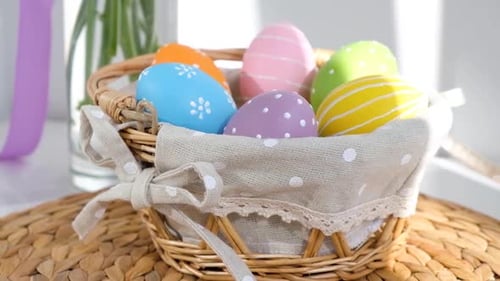 Easter Colorful Eggs in Busket on White Wooden Table