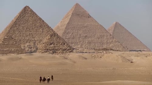 Camels riding towards the Pyramids in Egypt