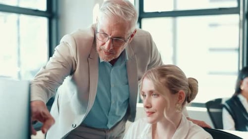 Business people, coach and computer with intern for software, training staff or guidance at office