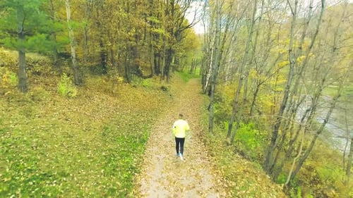 Young Athlete Running Outside in Autumn Forest. Aerial View