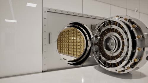 Bank Vault Door Open with Rows of Gold Bars Inside