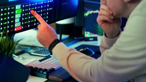 Financial data analysis workstation trading screens modern office