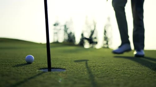 Professional Golfing Putting on green with putter hitting the golf ball