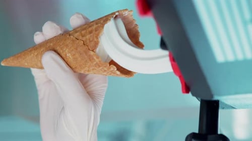 Close-up of filling a waffle cup with ice cream in slow motion.