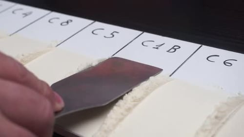 Gros plan d'un technicien de laboratoire lissant la farine pour en vérifier la consistance et la couleur pour les tests de qualité