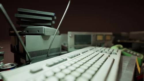 Retro Computer Setup with Vintage Keyboard and Old Hardware