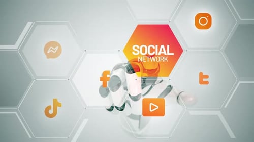 Robot Hand Activates Futuristic Social Network Icons UI