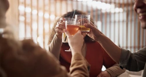 Women, man and group with toast at bar for celebration, diversity and new years eve at social event