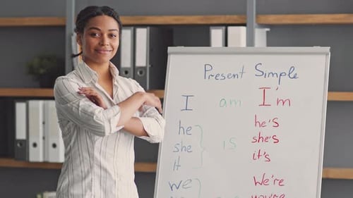 Un enseignant afro-américain engageant qui enseigne aux étudiants la grammaire simple actuelle