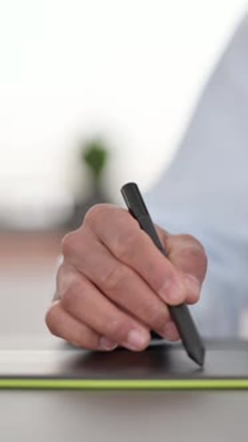 African Man Hands Designing on Tablet with Stylus, Close up, vertical video