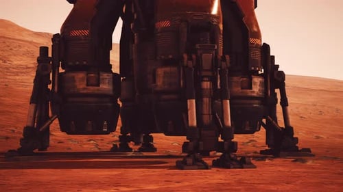 Martian Base with Landing Gear Visible at Sunset on the Red Planets Surface